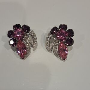 VTG. EISENBERG ice Dark Fuchsia & Light Pink W/clear Rhinestones  Earrings.!